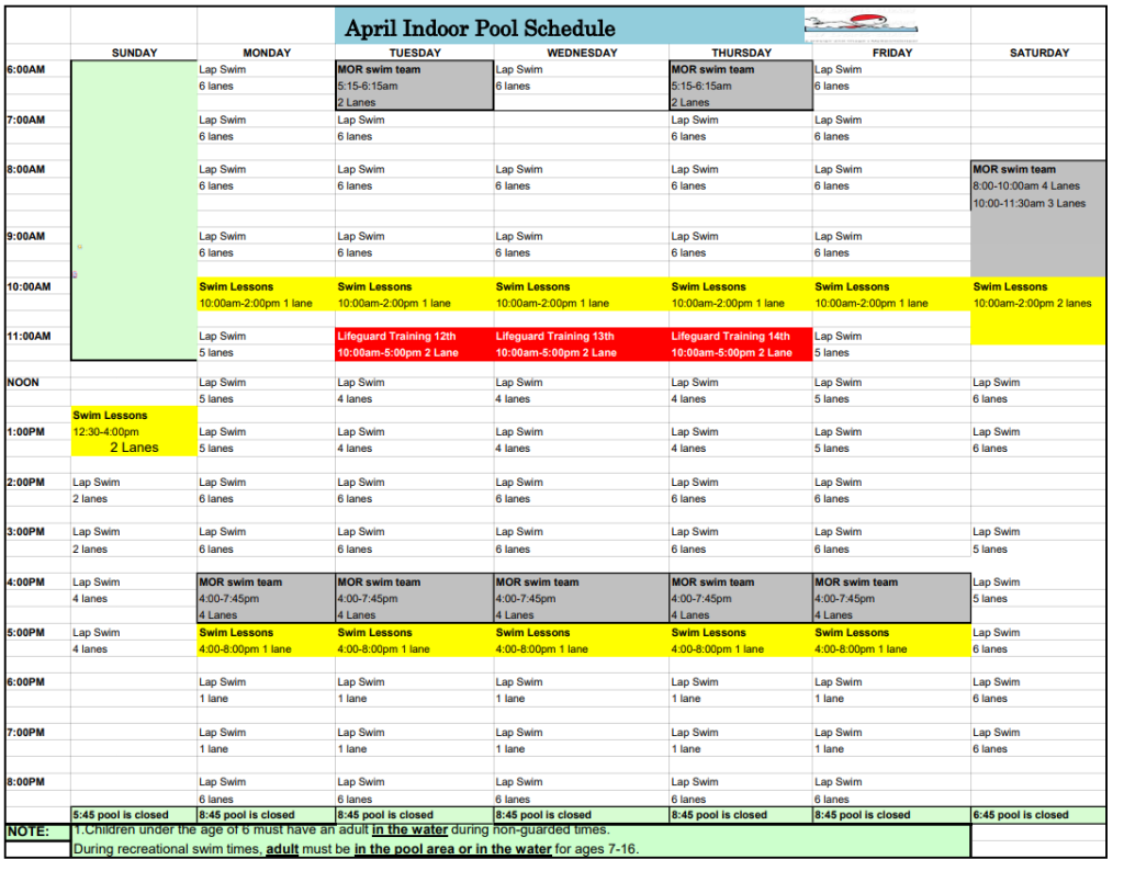 April Pool Schedule - Fred Smith Company Sports Club