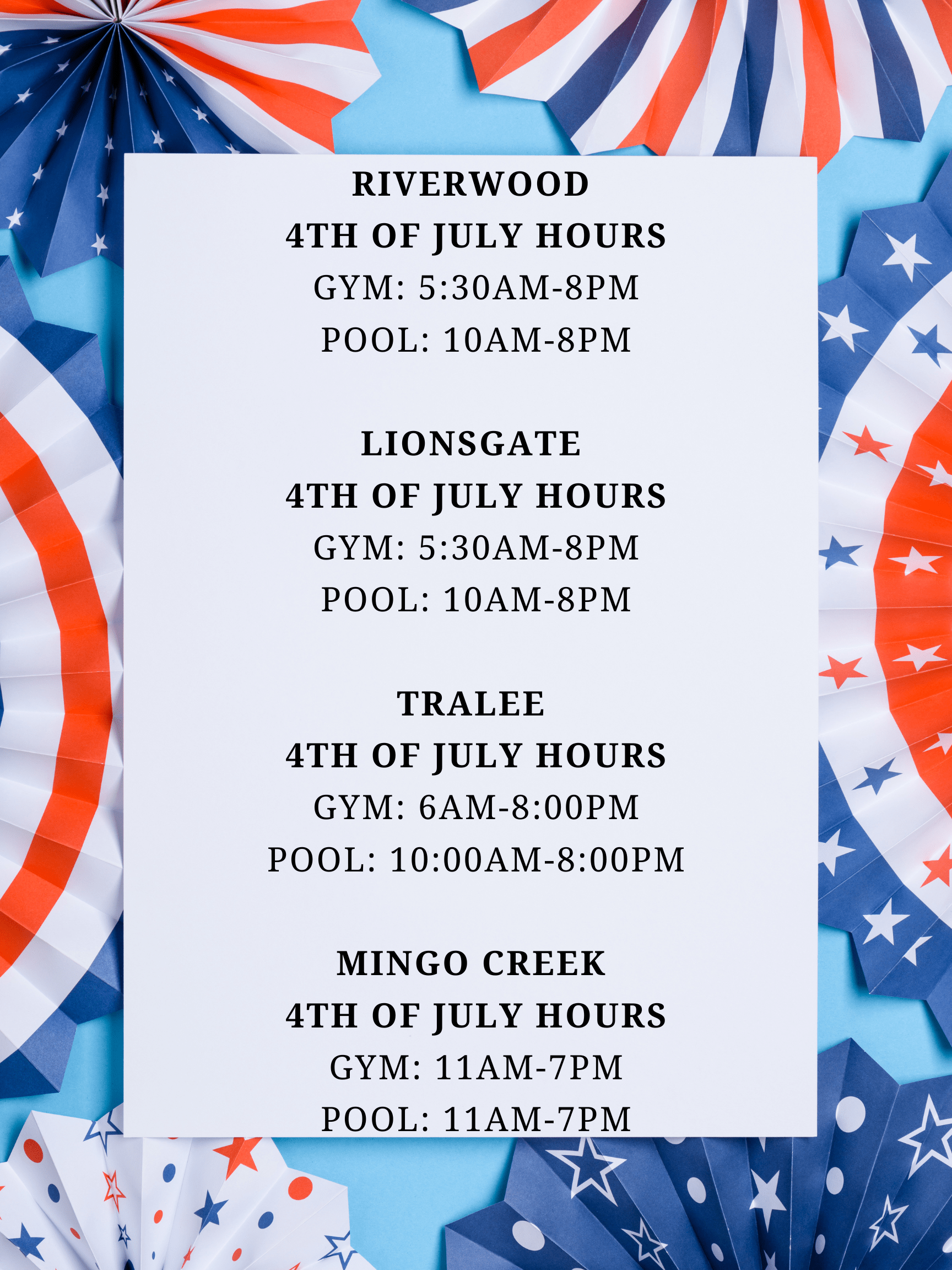 4TH OF JULY HOURS FOR ALL ATHLETIC CLUBS Fred Smith Company Sports Club
