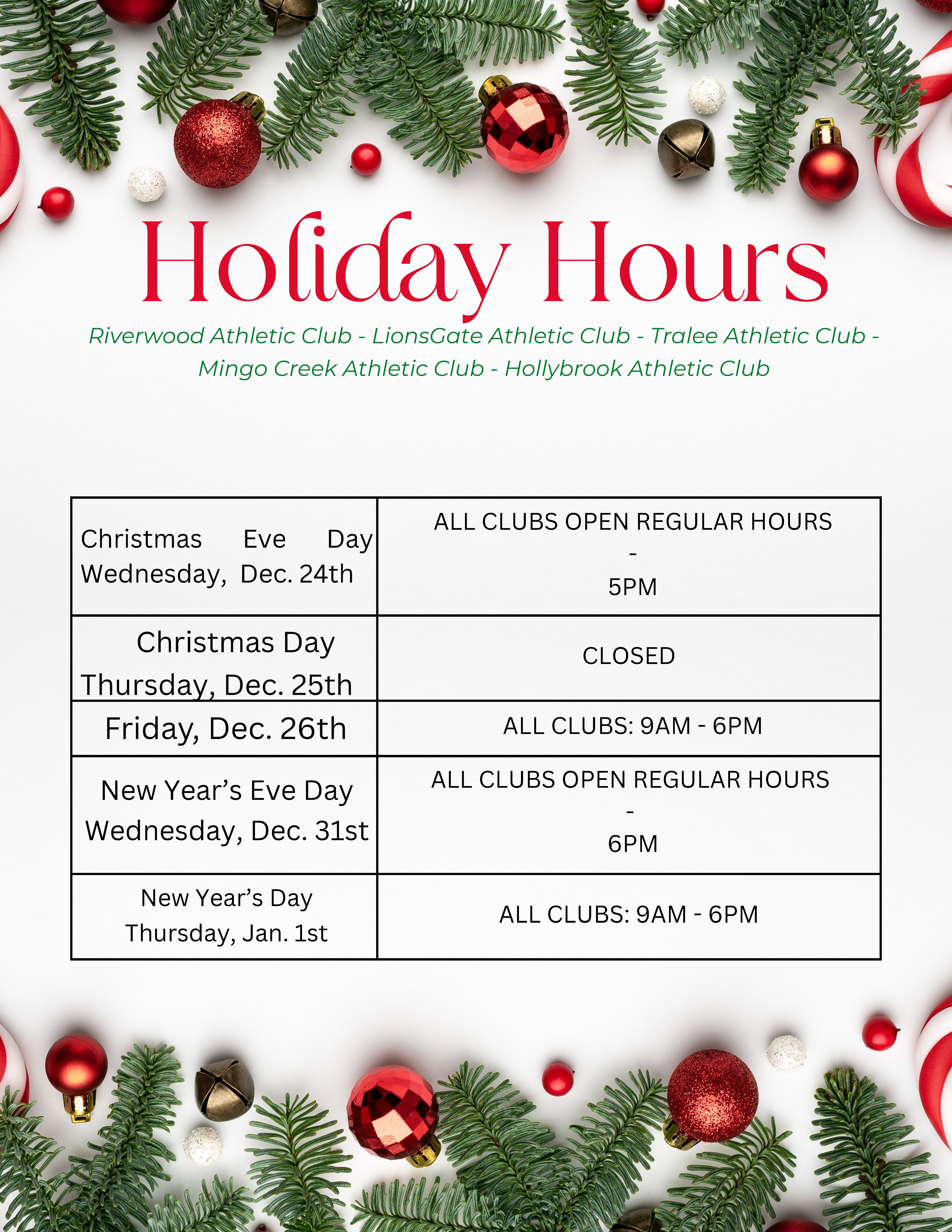 Live Hour Owner’s Club　2　Christmas Athletic Club New Year's Hours - Fred Smith Company Sports Club